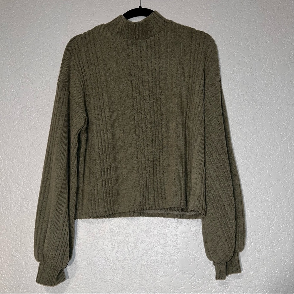 SHEIN Medium Olive Green Mock Neck Bishop Long Sleeve Sweater